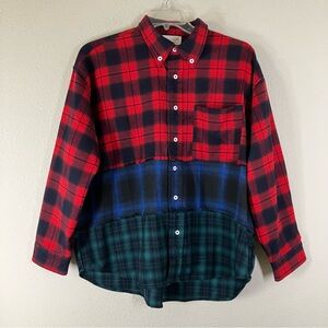 SUGARFOX Patchwork Plaid Flannel Button Up Shirt L Cabincore Cowgirl Festival
